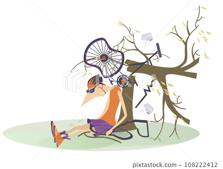 Cyclist man smashed into a tree. Upset cyclist sitting near the broken bicycle. Isolated on white illustration 108222412