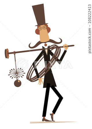 Cartoon chimney sweeper illustration. Funny chimney sweeper in the top hat holding a rope and chimney brushes. Isolated on white background 108222413