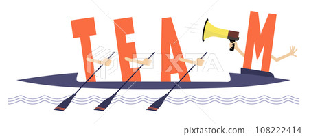 Funny concept inscription team illustration. Letters T, E, A with oars and M with megaphone rides on kayak. Isolated on white illustration 108222414