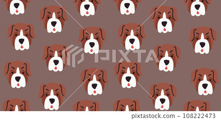 Vector seamless pattern with cute bulldog dog faces. Dog pattern on brown background. Vector illustration 108222473