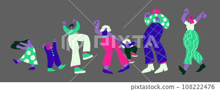 Vector illustration with dancing people on grey background. Dancing people doodles. Happy family, party people in neon colors. Vector illustration 108222476