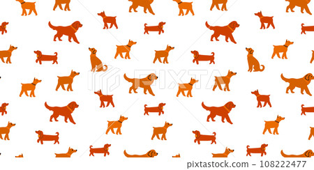 Vector seamless pattern with brown dogs walking on white background. Vector illustration 108222477