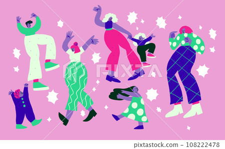 Vector illustration with dancing people with stars on violet background. Dancing people doodles. Happy family, party people. Vector illustration 108222478