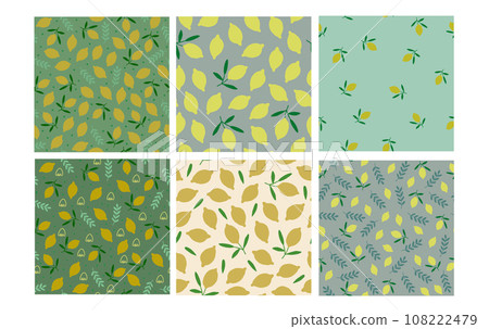 Vector set of seamless patterns with lemons, kitchen food pattern in green and beige colors. Juicy pattern. Vector illustration 108222479