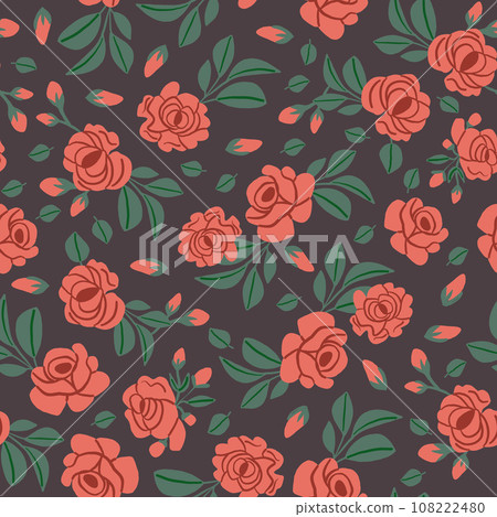 Vintage pattern with red roses and leaves on brown background. Retro flowers pattern. Vector illustration Vintage pattern with red roses and leaves on brown background. Retro flowers pattern. Vector illustration 108222480