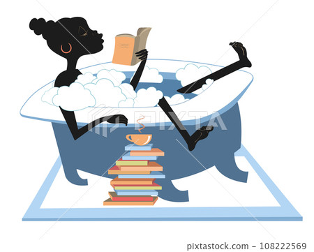 African woman takes a bath, reads a book and drinks coffee or tea. Smiling African young woman lies in the bathtub, has coffee or tea and reads books. Isolated on white background African woman takes a bath, reads a book and drinks coffee or tea. Smiling African young woman lies in the bathtub, has coffee or tea and reads books. Isolated on white background 108222569