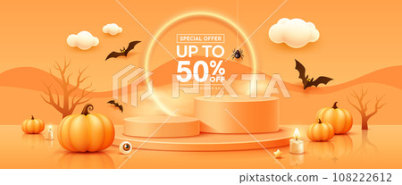 Happy Halloween, orange three overlapping podiums banner 108222612