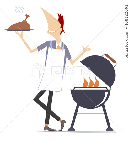 Smiling man preparing meal on fire. Cheerfulness young man frying meat, duck or chicken on the grill. Isolated on white background Smiling man preparing meal on fire. Cheerfulness young man frying meat, duck or chicken on the grill. Isolated on white background 108222661