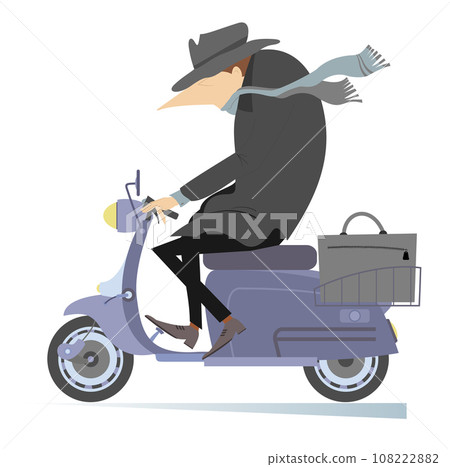 Rainy and windy day and man rides a scooter. Man rides a scooter under the strong wind and rain. Isolated on white background Rainy and windy day and man rides a scooter. Man rides a scooter under the strong wind and rain. Isolated on white background 108222882
