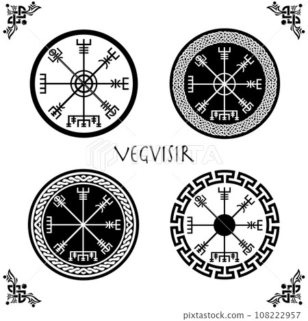 Set of Viking Vegvisir Futhark Rune Magical Navigator Compass with Celtic Knot Circle Frames. Protective runic talisman for travelers. Compass for the wandering. Vector isolated on white background 108222957