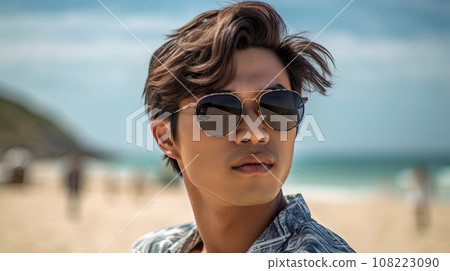 Happy beautiful young man smiling at the beach side 108223090