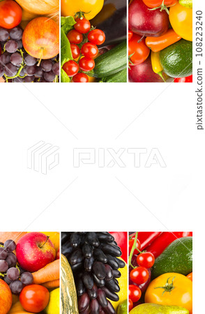 Vegetables and fruits isolated on white . Vertical photo. Free space for text. Collage. 108223240