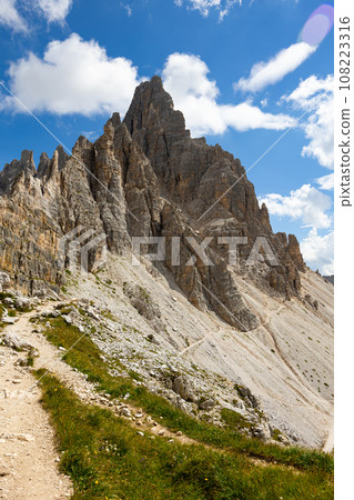 Rugged rocky peaks of Paterno mountain in Sexten Dolomite range Rugged rocky peaks of Paterno mountain in Sexten Dolomite range 108223316