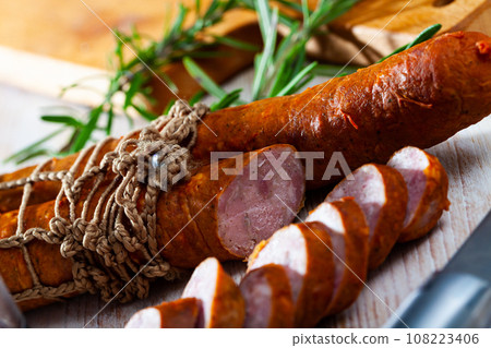Czech smoked ham sausages 108223406