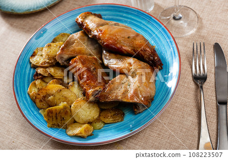 Rustic style baked rabbit pieces served with fried potatoes 108223507