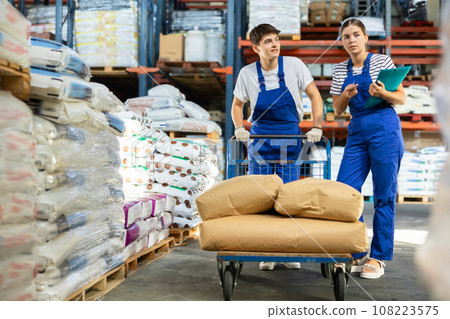 Girl check papers invoices together with guy employee and revise availability of goods in stock 108223575