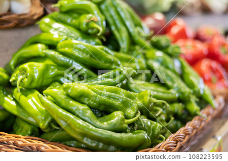 Pile of green bell peppers in vegetable shop 108223595