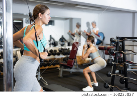 Active athlete young woman during exercises on crossover exercise machine with loops and weighting Active athlete young woman during exercises on crossover exercise machine with loops and weighting 108223827