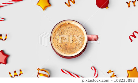 Steaming Christmas coffee cup on white background ornaments candy cane website banner creative design. Hot chocolate mug Steaming Christmas coffee cup on white background ornaments candy cane website banner creative design. Hot chocolate mug 108223898
