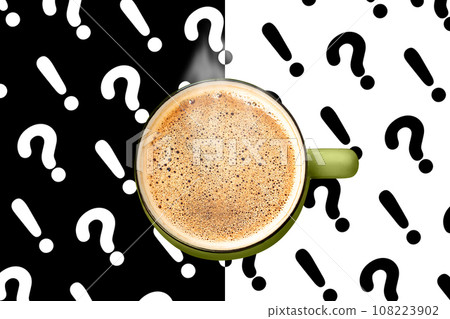 Steaming coffee cup foam top view question exclamation mark background creative collage. Hot drink mug Energy sip Steaming coffee cup foam top view question exclamation mark background creative collage. Hot drink mug Energy sip 108223902