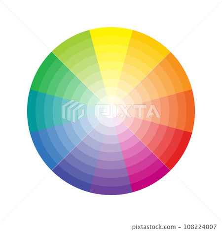 Color wheel isolated on white background. Color Gradient to white. Color theory. Understanding colors. Primary secondary tertiary colors Color wheel isolated on white background. Color Gradient to white. Color theory. Understanding colors. Primary secondary tertiary colors 108224007