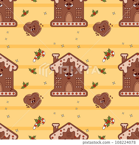 Retro Christmas seamless pattern with characters Gingerbread house and heart on yellow background. Groovy New year vector background. 108224078