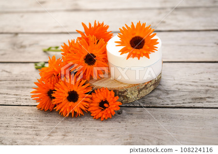 Medical Dermatology. Cosmetic cream for cleansing the skin with calendula flowers. Cream for body care with calendula. Fresh orange calendula flowers on a wooden background in nature. Medical Dermatology. Cosmetic cream for cleansing the skin with calendula flowers. Cream for body care with calendula. Fresh orange calendula flowers on a wooden background in nature. 108224116