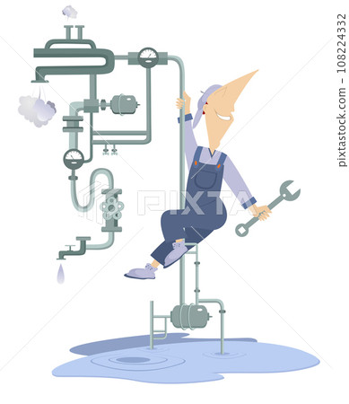 Comic mechanic repairs pipe construction. Breakdown. Comic mechanic with a wrench repairs pipe construction to stop water flow. Isolated on white background 108224332