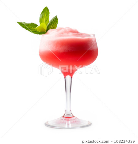 Strawberry margarita cocktail in salt-rimmed glass isolated on white background Strawberry margarita cocktail in salt-rimmed glass isolated on white background 108224359