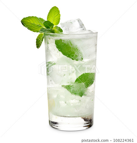 Mojito cocktail, garnished with fresh mint and a slice of lime in a tall glass Mojito cocktail, garnished with fresh mint and a slice of lime in a tall glass 108224361