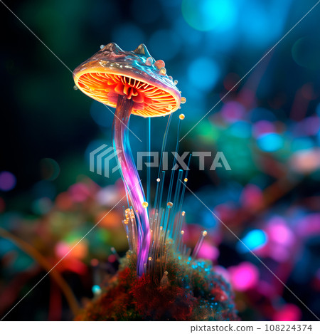 Different types of glowing mystical mushrooms, fantasy mushroom forest with bokeh 108224374