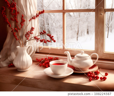 Christmas red mulled wine in a cup on wooden table, decorated with berries near window with snow scenes Christmas red mulled wine in a cup on wooden table, decorated with berries near window with snow scenes 108224387