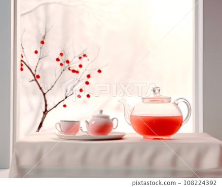 Christmas red mulled wine in a cup on wooden table, decorated with berries near window with snow scenes 108224392