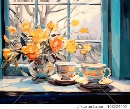 A glass of hot herbal tea on a saucer in a window sill next to a flower, 108224403