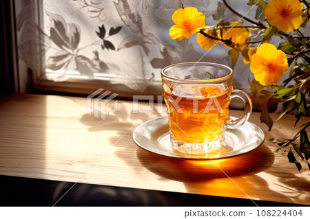 A glass of hot herbal tea on a saucer in a window sill next to a flower, 108224404