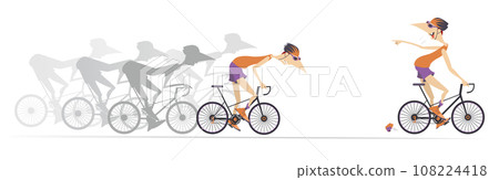 Cycling race. Cyclists in competition. Winner. Smiling cyclist looking back laughing and pointing a finger to other cyclists. Isolated on white background 108224418