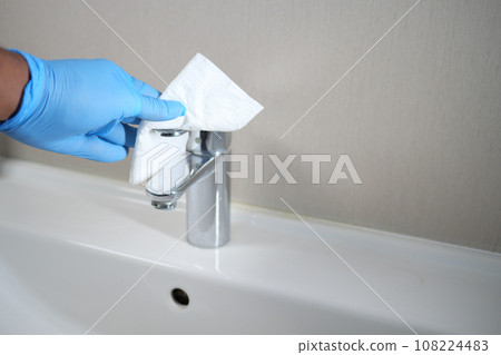 hand in gloves cleaning tap and washbasin, hand in gloves cleaning tap and washbasin, 108224483