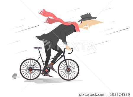 Rainy and windy day and man rides a bike. Illustration. Cycling man under the strong wind and rain. Isolated on white background 108224589