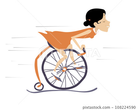 Cycling young woman illustration. Young woman rides on a vintage bike. Isolated on white background 108224590
