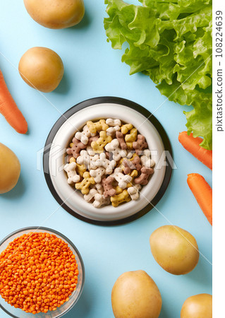 Dry dog vegan vegetarian food concept. Raw vegetables and green near bowl with pet feed Dry dog vegan vegetarian food concept. Raw vegetables and green near bowl with pet feed 108224639