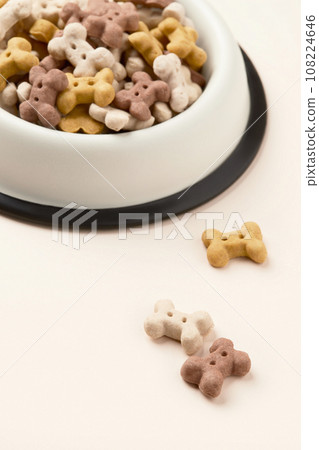 Dry dog food in bowl on beige background Dry dog food in bowl on beige background 108224646