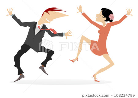 Dancing young couple illustration. Happy dancing man and woman. Isolated on white background Dancing young couple illustration. Happy dancing man and woman. Isolated on white background 108224799