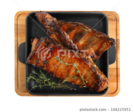 Tasty grilled ribs with thyme isolated on white, top view Tasty grilled ribs with thyme isolated on white, top view 108225951
