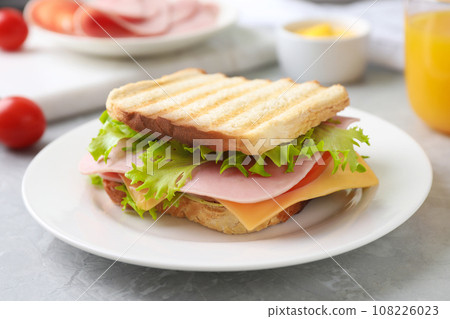 Tasty sandwich with ham on grey table Tasty sandwich with ham on grey table 108226023