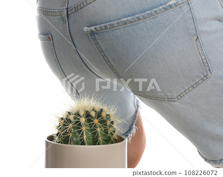 Man sitting down on cactus against white background, closeup. Hemorrhoid concept 108226072