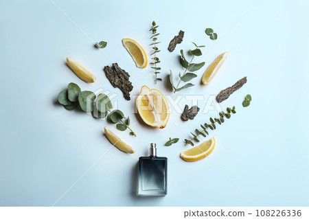 Beautiful composition with bottle of perfume, lemon, tree bark and eucalyptus on white background, flat lay 108226336
