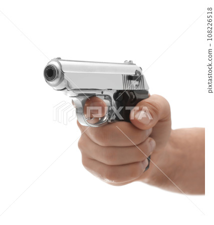 Professional killer with gun on white background, closeup Professional killer with gun on white background, closeup 108226518