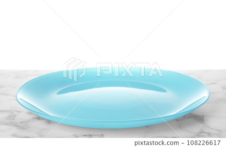 Clean empty plate on marble table against white background 108226617
