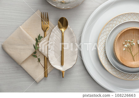 Elegant festive setting on white wooden table, flat lay 108226663