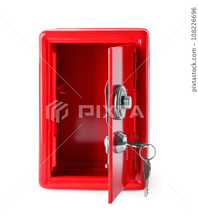 Open red steel with keys safe isolated on white Open red steel with keys safe isolated on white 108226696